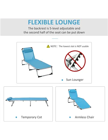 Outsunny Foldable Outdoor Sun Loungers Set of 2, Reclining Lounge Chair Camping Bed Cot with Pillow 4-Level Adjustable Back Alum