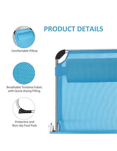 Outsunny Foldable Outdoor Sun Loungers Set of 2, Reclining Lounge Chair Camping Bed Cot with Pillow 4-Level Adjustable Back Alum