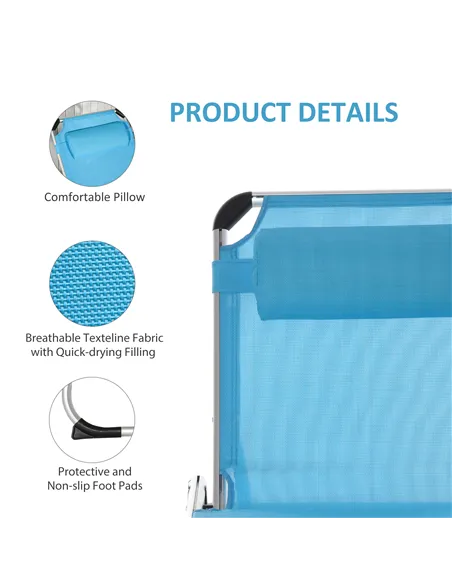 Outsunny Foldable Outdoor Sun Loungers Set of 2, Reclining Lounge Chair Camping Bed Cot with Pillow 4-Level Adjustable Back Alum