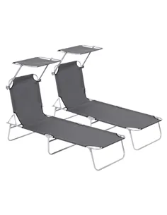 Outsunny 2 Pieces Outdoor Foldable Sun Lounger, 4 Level Adjustable Backrest Reclining Sun Lounger Chair with Angle Adjust Sun Sh