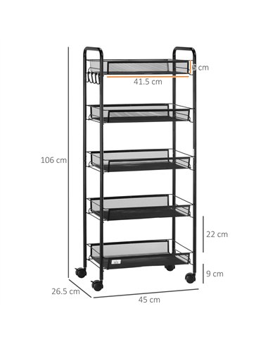 HOMCOM Five-Steel Mesh Basket Storage Trolley, with Wheels - Black