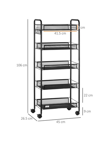 HOMCOM Five-Steel Mesh Basket Storage Trolley, with Wheels - Black