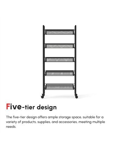 HOMCOM Five-Steel Mesh Basket Storage Trolley, with Wheels - Black