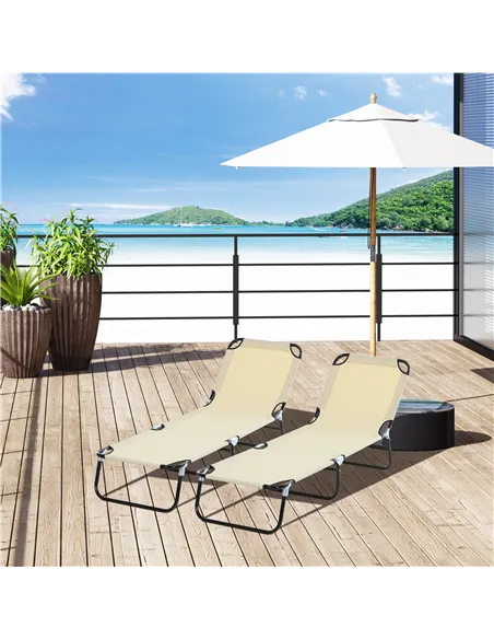 Outsunny 2 Piece Foldable Sun Loungers with 5-Position Adjustable Backrest, Outdoor Portable Recliner Chaise Lounge Chairs with 