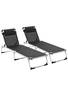 Outsunny Foldable Outdoor Sun Loungers Set of 2, Reclining Lounge Chair Camping Bed Cot with Pillow 4-Level Adjustable Back Alum