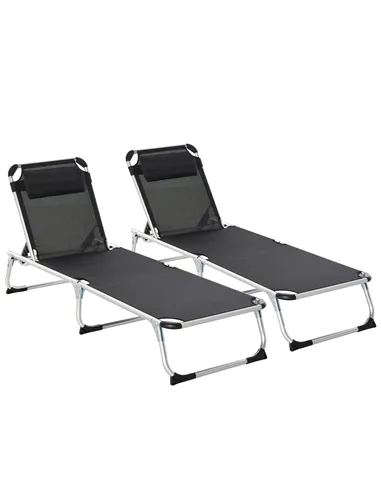 Outsunny Foldable Outdoor Sun Loungers Set of 2, Reclining Lounge Chair Camping Bed Cot with Pillow 4-Level Adjustable Back Alum