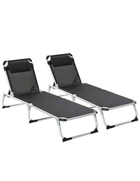 Outsunny Foldable Outdoor Sun Loungers Set of 2, Reclining Lounge Chair Camping Bed Cot with Pillow 4-Level Adjustable Back Alum