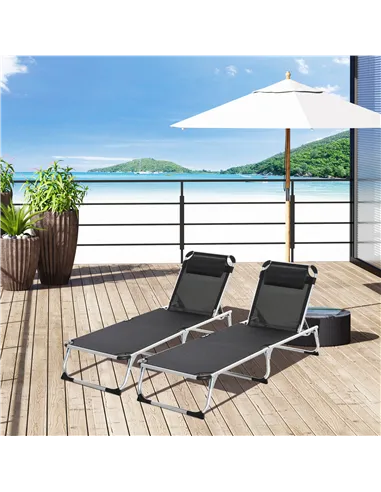 Outsunny Foldable Outdoor Sun Loungers Set of 2, Reclining Lounge Chair Camping Bed Cot with Pillow 4-Level Adjustable Back Alum