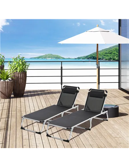 Outsunny Foldable Outdoor Sun Loungers Set of 2, Reclining Lounge Chair Camping Bed Cot with Pillow 4-Level Adjustable Back Alum