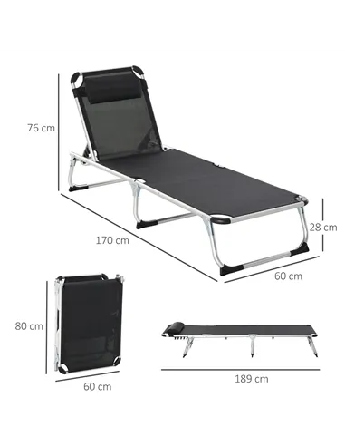 Outsunny Foldable Outdoor Sun Loungers Set of 2, Reclining Lounge Chair Camping Bed Cot with Pillow 4-Level Adjustable Back Alum
