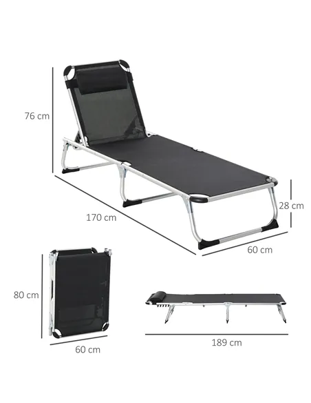 Outsunny Foldable Outdoor Sun Loungers Set of 2, Reclining Lounge Chair Camping Bed Cot with Pillow 4-Level Adjustable Back Alum