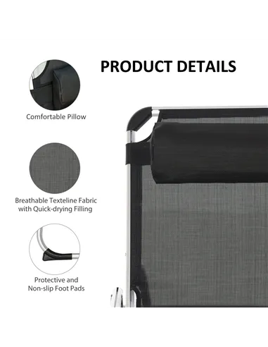 Outsunny Foldable Outdoor Sun Loungers Set of 2, Reclining Lounge Chair Camping Bed Cot with Pillow 4-Level Adjustable Back Alum