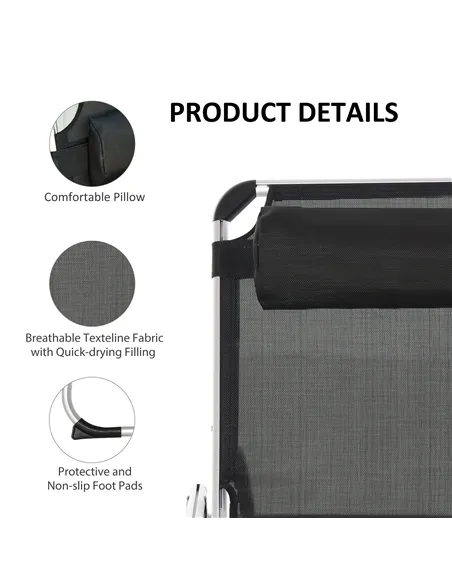 Outsunny Foldable Outdoor Sun Loungers Set of 2, Reclining Lounge Chair Camping Bed Cot with Pillow 4-Level Adjustable Back Alum