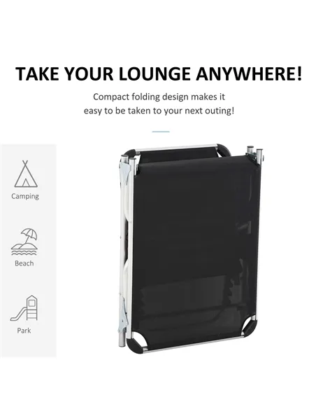 Outsunny Foldable Outdoor Sun Loungers Set of 2, Reclining Lounge Chair Camping Bed Cot with Pillow 4-Level Adjustable Back Alum