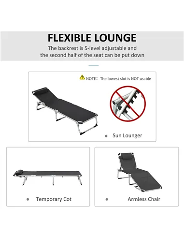 Outsunny Foldable Outdoor Sun Loungers Set of 2, Reclining Lounge Chair Camping Bed Cot with Pillow 4-Level Adjustable Back Alum