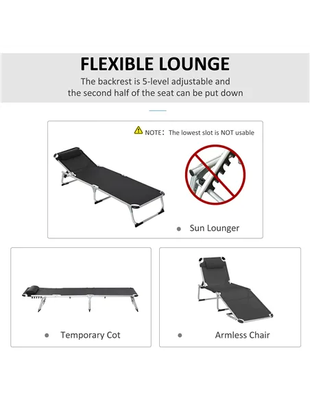 Outsunny Foldable Outdoor Sun Loungers Set of 2, Reclining Lounge Chair Camping Bed Cot with Pillow 4-Level Adjustable Back Alum