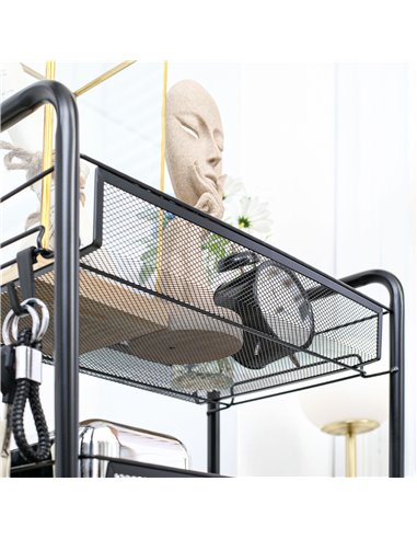 HOMCOM Five-Steel Mesh Basket Storage Trolley, with Wheels - Black