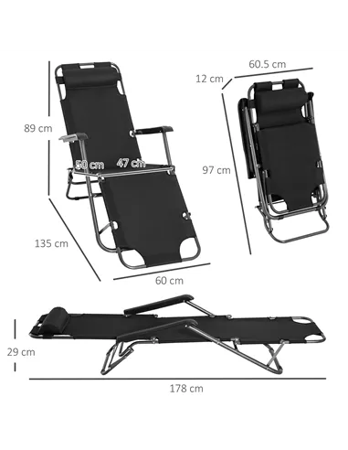 Outsunny 2 in 1 Folding Sun Lounger Reclining Garden Chair Set of 2 with 2-Level Adjustable Backrest, Outdoor Zero Gravity Recli