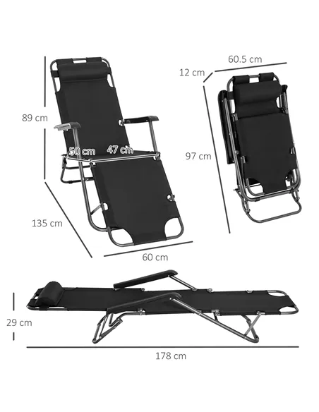 Outsunny 2 in 1 Folding Sun Lounger Reclining Garden Chair Set of 2 with 2-Level Adjustable Backrest, Outdoor Zero Gravity Recli