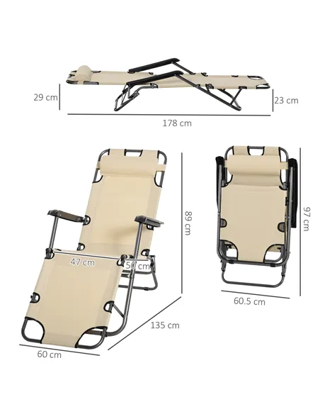 Outsunny 2 in 1 Folding Sun Lounger Reclining Garden Chair Set of 2 with 2-Level Adjustable Backrest, Outdoor Zero Gravity Recli