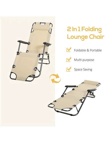 Outsunny 2 in 1 Folding Sun Lounger Reclining Garden Chair Set of 2 with 2-Level Adjustable Backrest, Outdoor Zero Gravity Recli