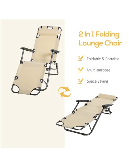 Outsunny 2 in 1 Folding Sun Lounger Reclining Garden Chair Set of 2 with 2-Level Adjustable Backrest, Outdoor Zero Gravity Recli