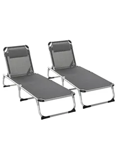 Outsunny Foldable Outdoor Sun Loungers Set of 2, Reclining Lounge Chair Camping Bed Cot with Pillow 4-Level Adjustable Back Alum