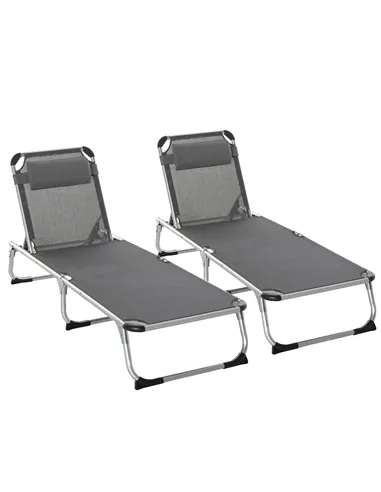Outsunny Foldable Outdoor Sun Loungers Set of 2, Reclining Lounge Chair Camping Bed Cot with Pillow 4-Level Adjustable Back Alum