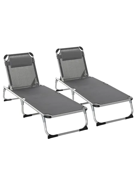 Outsunny Foldable Outdoor Sun Loungers Set of 2, Reclining Lounge Chair Camping Bed Cot with Pillow 4-Level Adjustable Back Alum