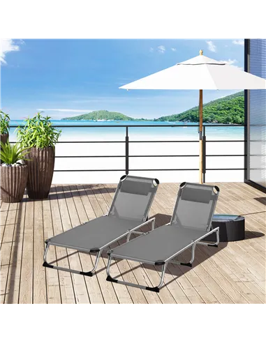 Outsunny Foldable Outdoor Sun Loungers Set of 2, Reclining Lounge Chair Camping Bed Cot with Pillow 4-Level Adjustable Back Alum