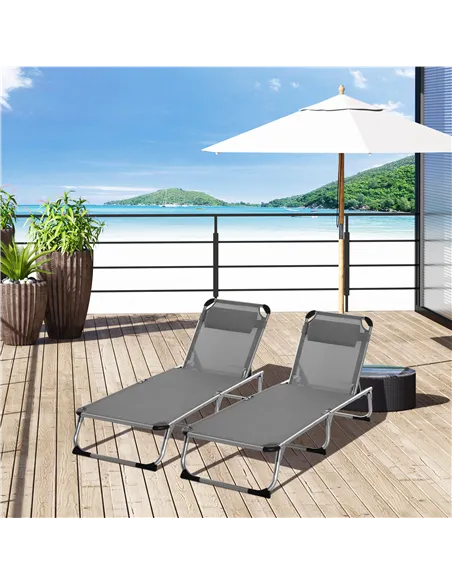 Outsunny Foldable Outdoor Sun Loungers Set of 2, Reclining Lounge Chair Camping Bed Cot with Pillow 4-Level Adjustable Back Alum