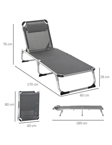 Outsunny Foldable Outdoor Sun Loungers Set of 2, Reclining Lounge Chair Camping Bed Cot with Pillow 4-Level Adjustable Back Alum
