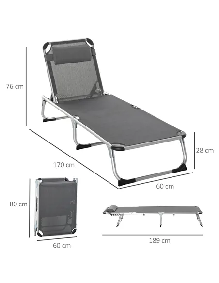 Outsunny Foldable Outdoor Sun Loungers Set of 2, Reclining Lounge Chair Camping Bed Cot with Pillow 4-Level Adjustable Back Alum