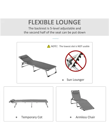 Outsunny Foldable Outdoor Sun Loungers Set of 2, Reclining Lounge Chair Camping Bed Cot with Pillow 4-Level Adjustable Back Alum