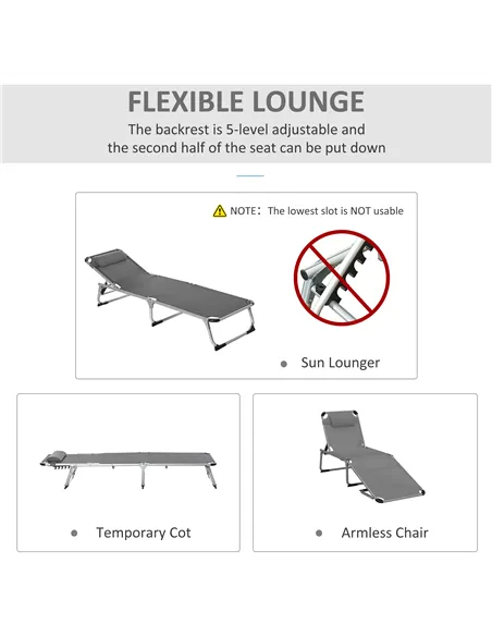 Outsunny Foldable Outdoor Sun Loungers Set of 2, Reclining Lounge Chair Camping Bed Cot with Pillow 4-Level Adjustable Back Alum