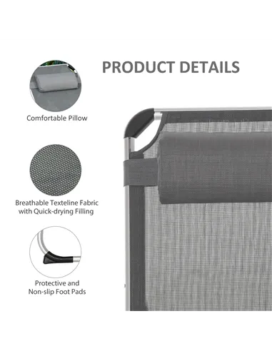 Outsunny Foldable Outdoor Sun Loungers Set of 2, Reclining Lounge Chair Camping Bed Cot with Pillow 4-Level Adjustable Back Alum