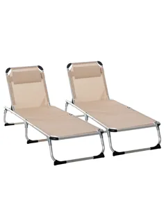 Outsunny Foldable Outdoor Sun Loungers Set of 2, Reclining Lounge Chair Camping Bed Cot with Pillow 4-Level Adjustable Back Alum