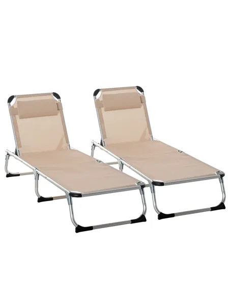Outsunny Foldable Outdoor Sun Loungers Set of 2, Reclining Lounge Chair Camping Bed Cot with Pillow 4-Level Adjustable Back Alum