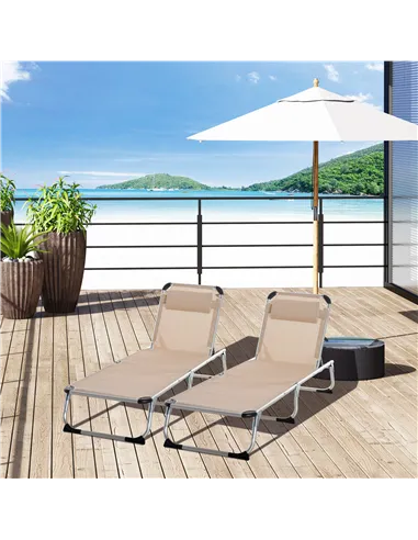 Outsunny Foldable Outdoor Sun Loungers Set of 2, Reclining Lounge Chair Camping Bed Cot with Pillow 4-Level Adjustable Back Alum