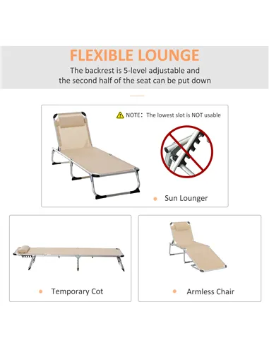 Outsunny Foldable Outdoor Sun Loungers Set of 2, Reclining Lounge Chair Camping Bed Cot with Pillow 4-Level Adjustable Back Alum