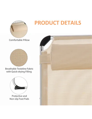 Outsunny Foldable Outdoor Sun Loungers Set of 2, Reclining Lounge Chair Camping Bed Cot with Pillow 4-Level Adjustable Back Alum