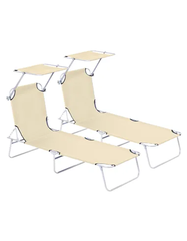 Outsunny 2 Pieces Outdoor Foldable Sun Lounger, 4 Level Adjustable Backrest Reclining Sun Lounger Chair with Angle Adjust Sun Sh