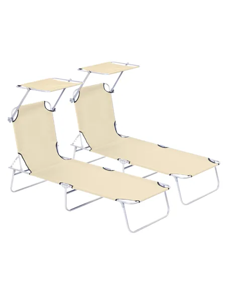 Outsunny 2 Pieces Outdoor Foldable Sun Lounger, 4 Level Adjustable Backrest Reclining Sun Lounger Chair with Angle Adjust Sun Sh