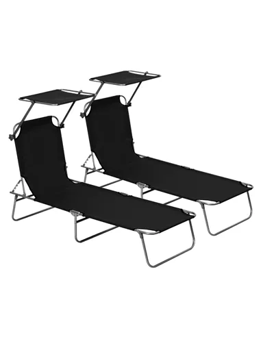 Outsunny 2 Pieces Outdoor Foldable Sun Lounger, 4 Level Adjustable Backrest Reclining Sun Lounger Chair with Angle Adjust Sun Sh