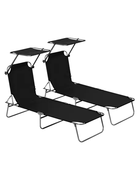 Outsunny 2 Pieces Outdoor Foldable Sun Lounger, 4 Level Adjustable Backrest Reclining Sun Lounger Chair with Angle Adjust Sun Sh