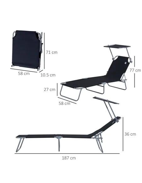Outsunny 2 Pieces Outdoor Foldable Sun Lounger, 4 Level Adjustable Backrest Reclining Sun Lounger Chair with Angle Adjust Sun Sh