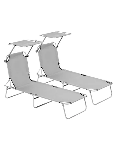 Outsunny 2 Pieces Outdoor Foldable Sun Lounger, 4 Level Adjustable Backrest Reclining Sun Lounger Chair with Angle Adjust Sun Sh