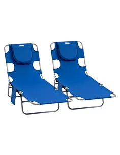 Outsunny 2 Pieces Foldable Sun Lounger with Reading Hole, Portable Sun Lounger with 5 Level Adjustable Backrest, Reclining Loung