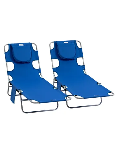 Outsunny 2 Pieces Foldable Sun Lounger with Reading Hole, Portable Sun Lounger with 5 Level Adjustable Backrest, Reclining Loung