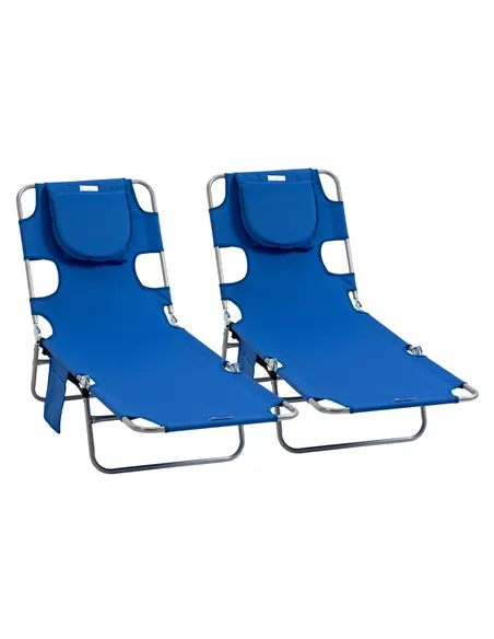 Outsunny 2 Pieces Foldable Sun Lounger with Reading Hole, Portable Sun Lounger with 5 Level Adjustable Backrest, Reclining Loung